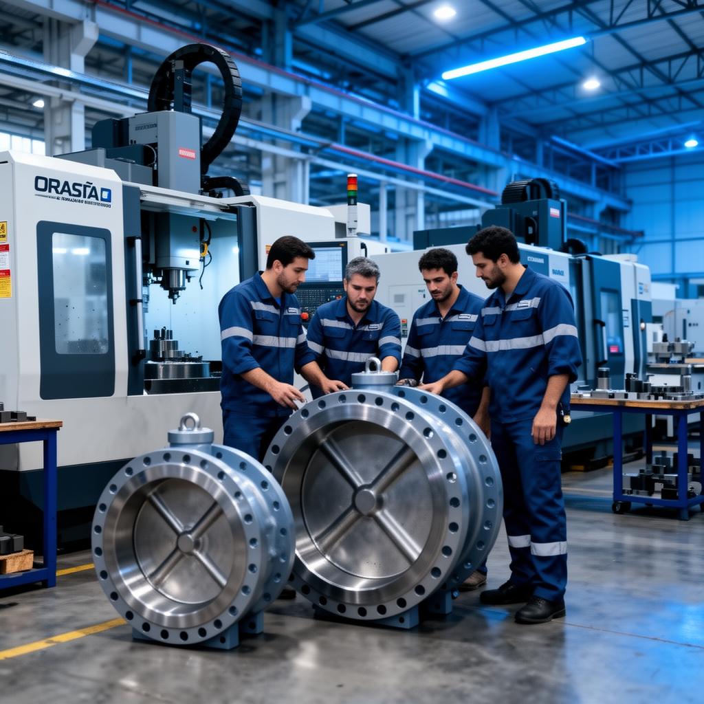Engenheiros inspecionando válvulas industriais na fábrica Valentis